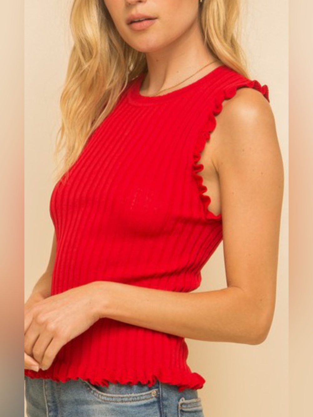 NWT Hem & Thread Top Red Ribbed Sleeveless Knit Rayon blend ruffle trimmed M L